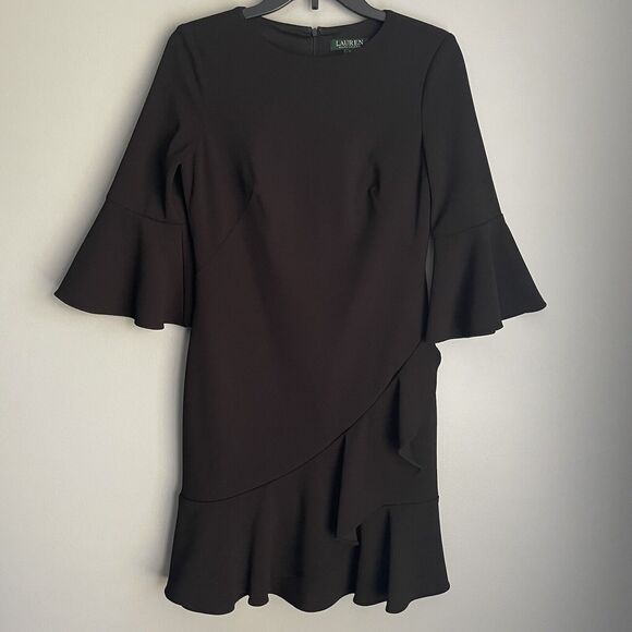 Lauren Ralph Lauren Dresses & Skirts - Lauren Ralph Lauren Black Dress Size 2 Bell Sleeves Crepe Dress Ruffled Hem